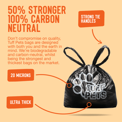Black Tuff Pets bag with features highlighted on a beige background