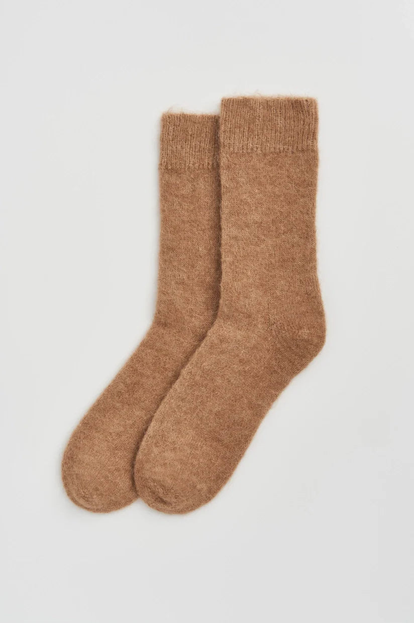 Alpaca Bed Socks in soft brown color, ultra soft and comfortable for a cozy night's sleep.