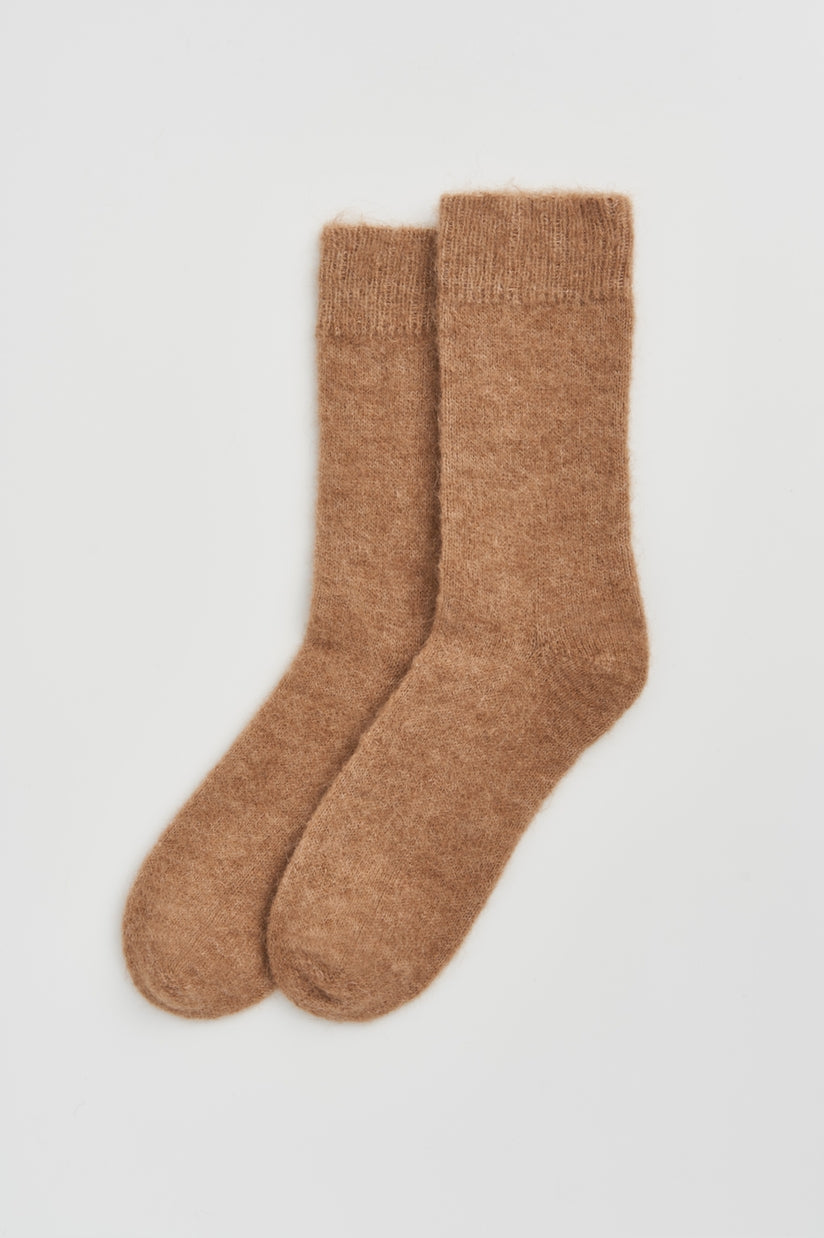 Ultra soft Alpaca Bed Socks in warm brown color, perfect for comfort and luxury.