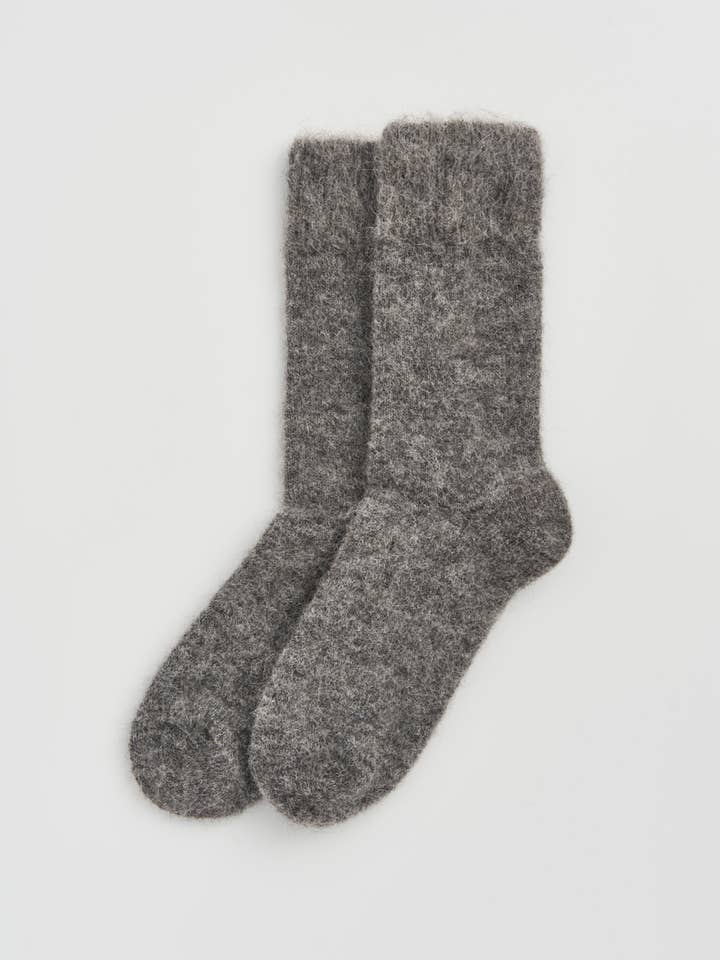 Cozy and warm Alpaca Bed Socks in gray, crafted from ultra-soft alpaca blend for ultimate comfort.