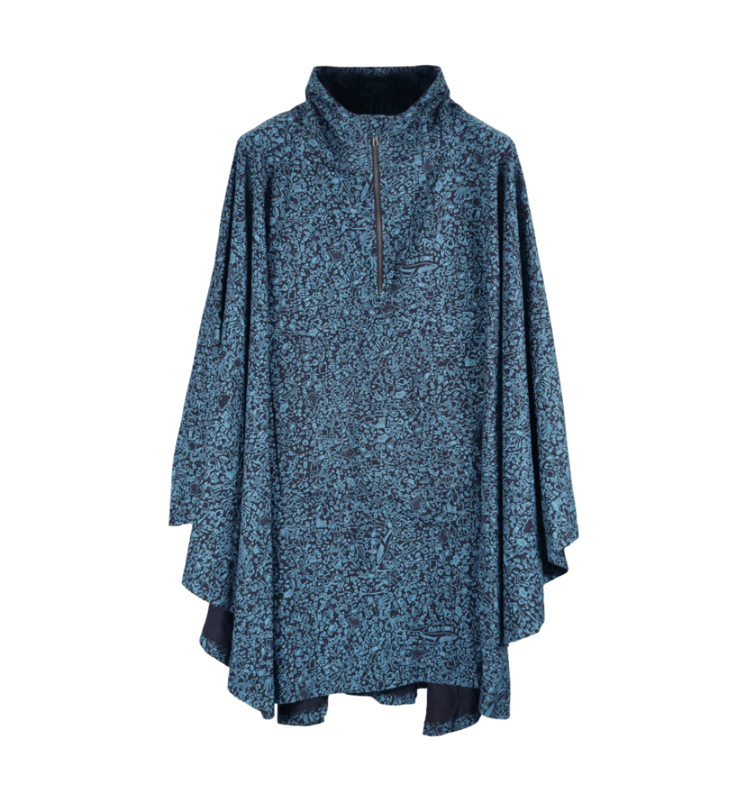 Water-repellent rain poncho in marine-inspired print, eco-friendly design for stylish outdoor adventures.