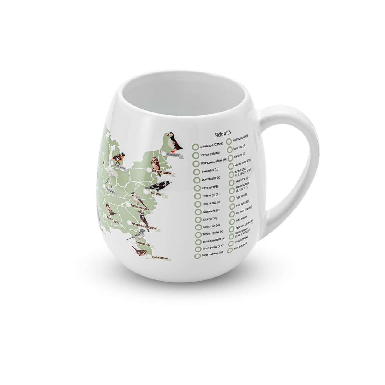 US Birder's Checklist Mug featuring a US map and state birds, perfect for bird watching enthusiasts in Brighton and Hove.