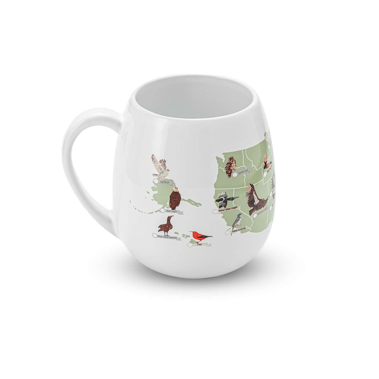 US Birder's Checklist Mug featuring a map of the US and illustrations of birds for bird watching enthusiasts.