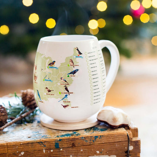 US Birder's Checklist Mug with a map of US birds and state birds list, perfect for bird watching enthusiasts.