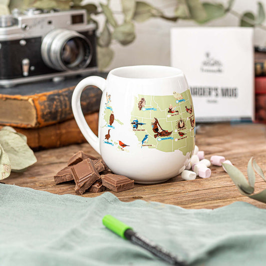 US Birder's Checklist Mug featuring bird illustrations and state birds list, perfect for bird watchers in the UK.