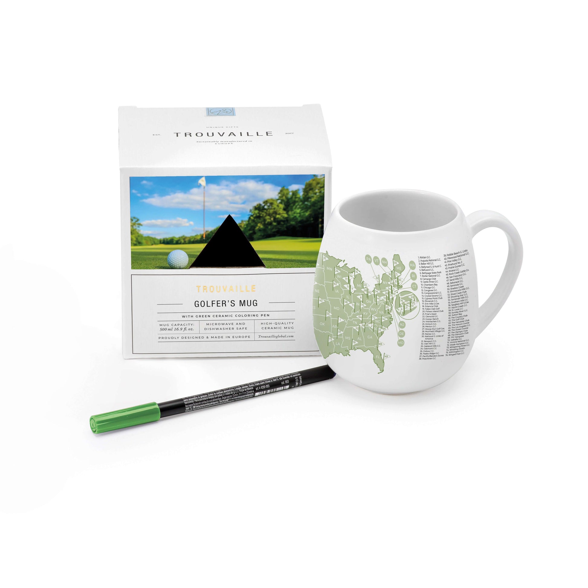 US Golfer's Mug featuring a map of golf courses in the USA, an eco-friendly choice from an online shop UK.