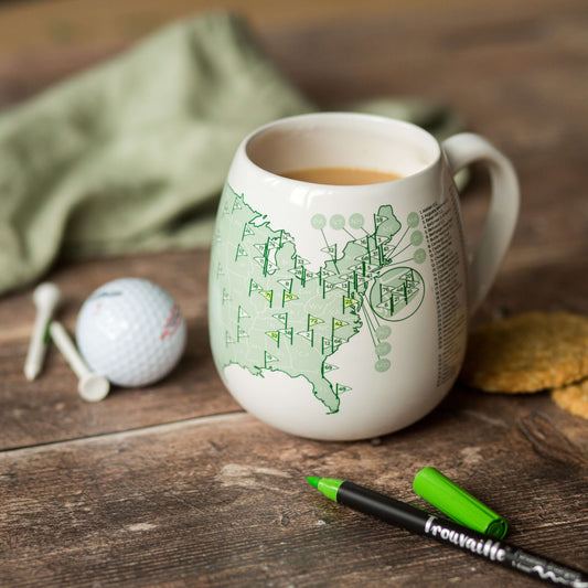 US Golfer's Mug featuring a map of U.S. golf courses, perfect gift for golfers in eco-friendly online shop UK.