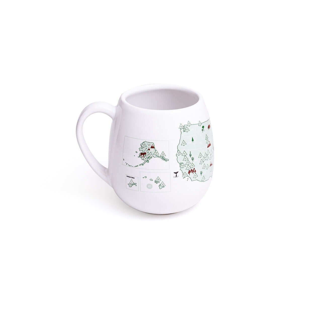 White mug with green illustrations on a white background