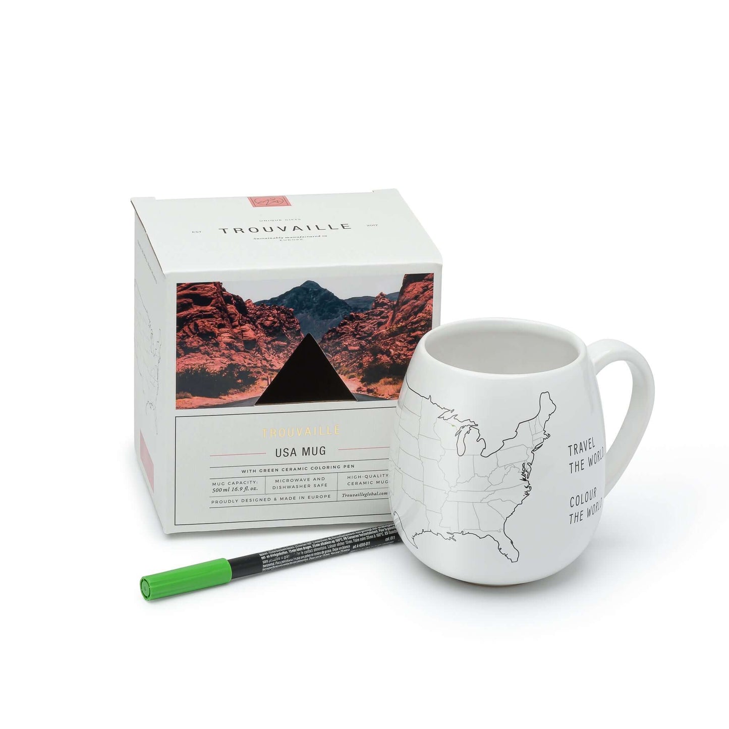 USA Map Colour In Travel Mug with packaging and green pen, perfect for eco-friendly travel lovers.
