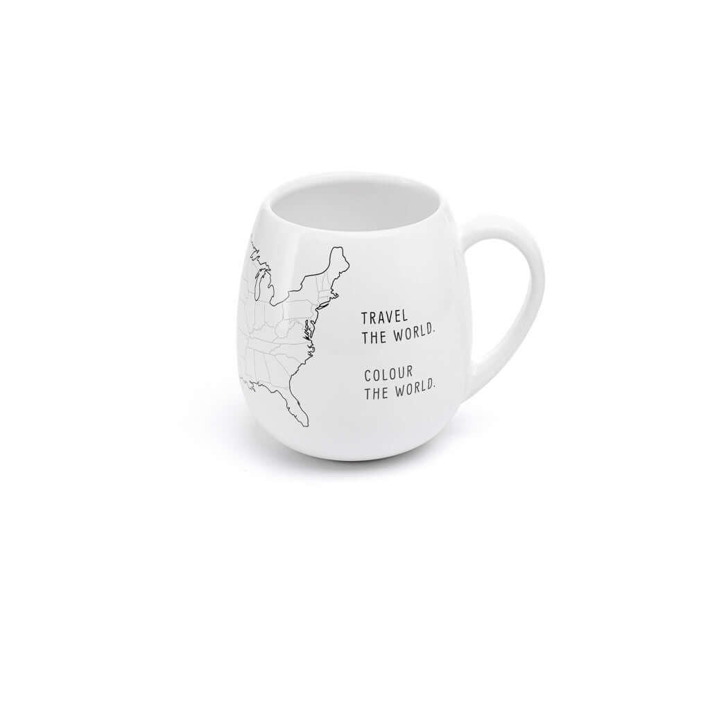 USA Map Colour In Travel Mug with a grey outline of the United States for colouring, perfect for travel memories.