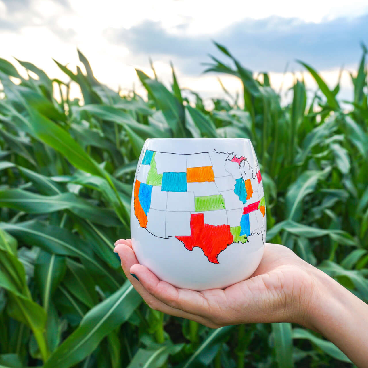 Person holding a USA Map Colour In Travel Mug in a cornfield, showcasing vibrant colors on state outlines.