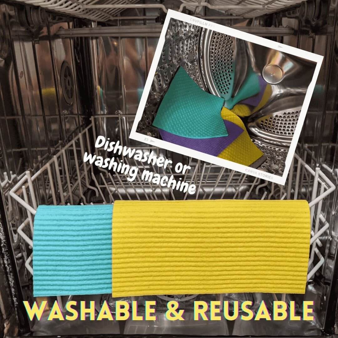 All-Purpose Eco Cloths (Swedish Dishcloths) | 6 Pack in dishwasher, showing washable and reusable features.