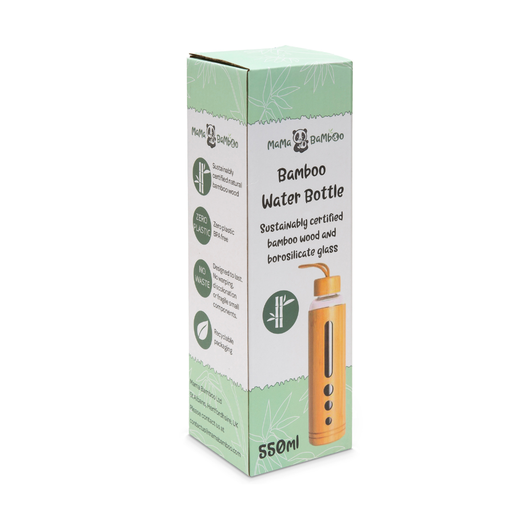 Box packaging of a bamboo water bottle with green and white design