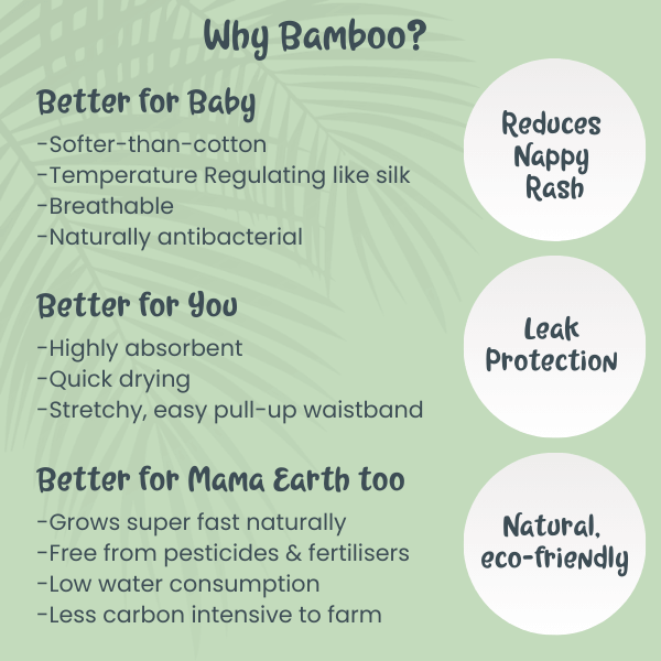 Chart detailing reasons why bamboo is beneficial for babies, users, and the environment on a green background.