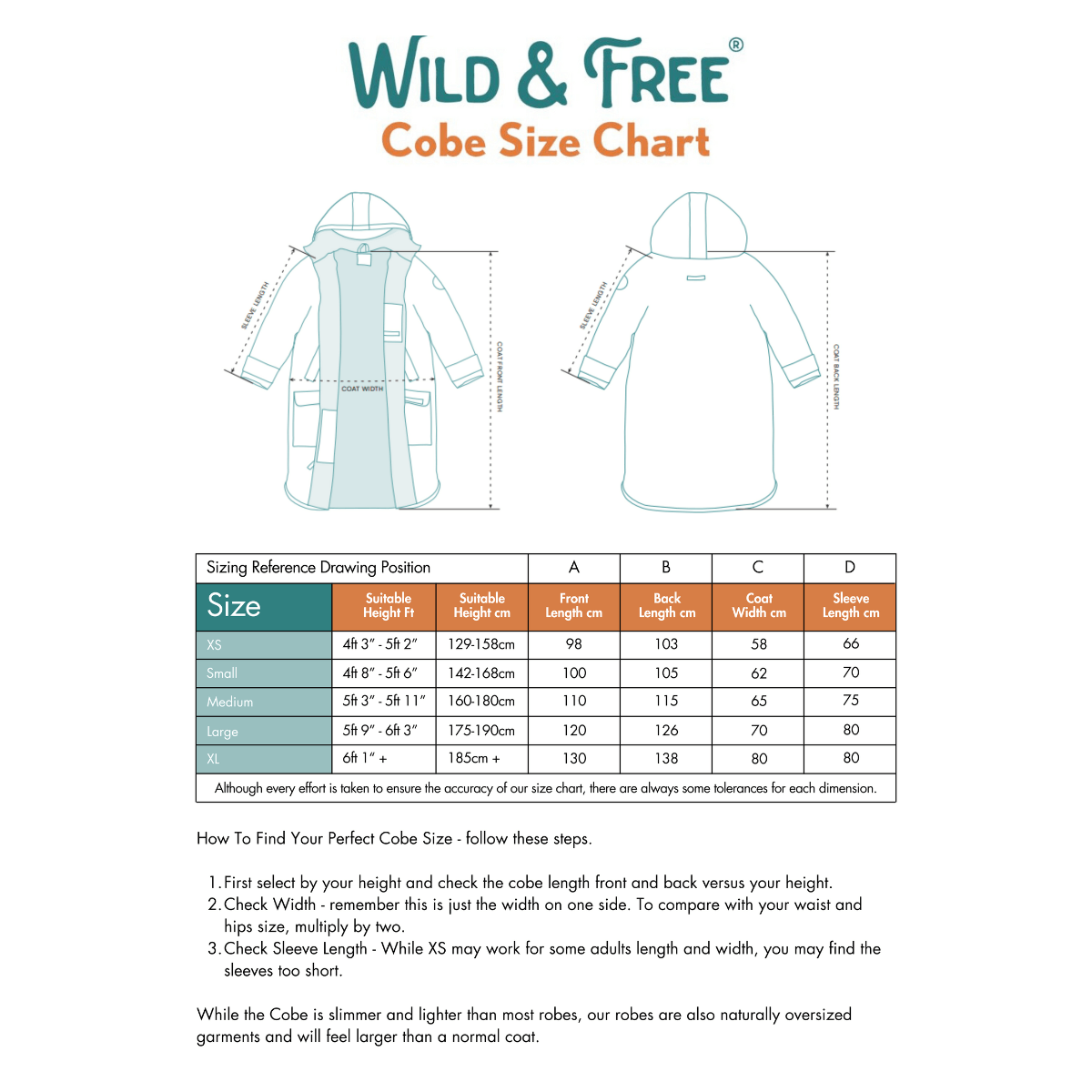 Raincoat & Changing Robe in One - The Classic Cobe Black size chart for Wild & Free product.
