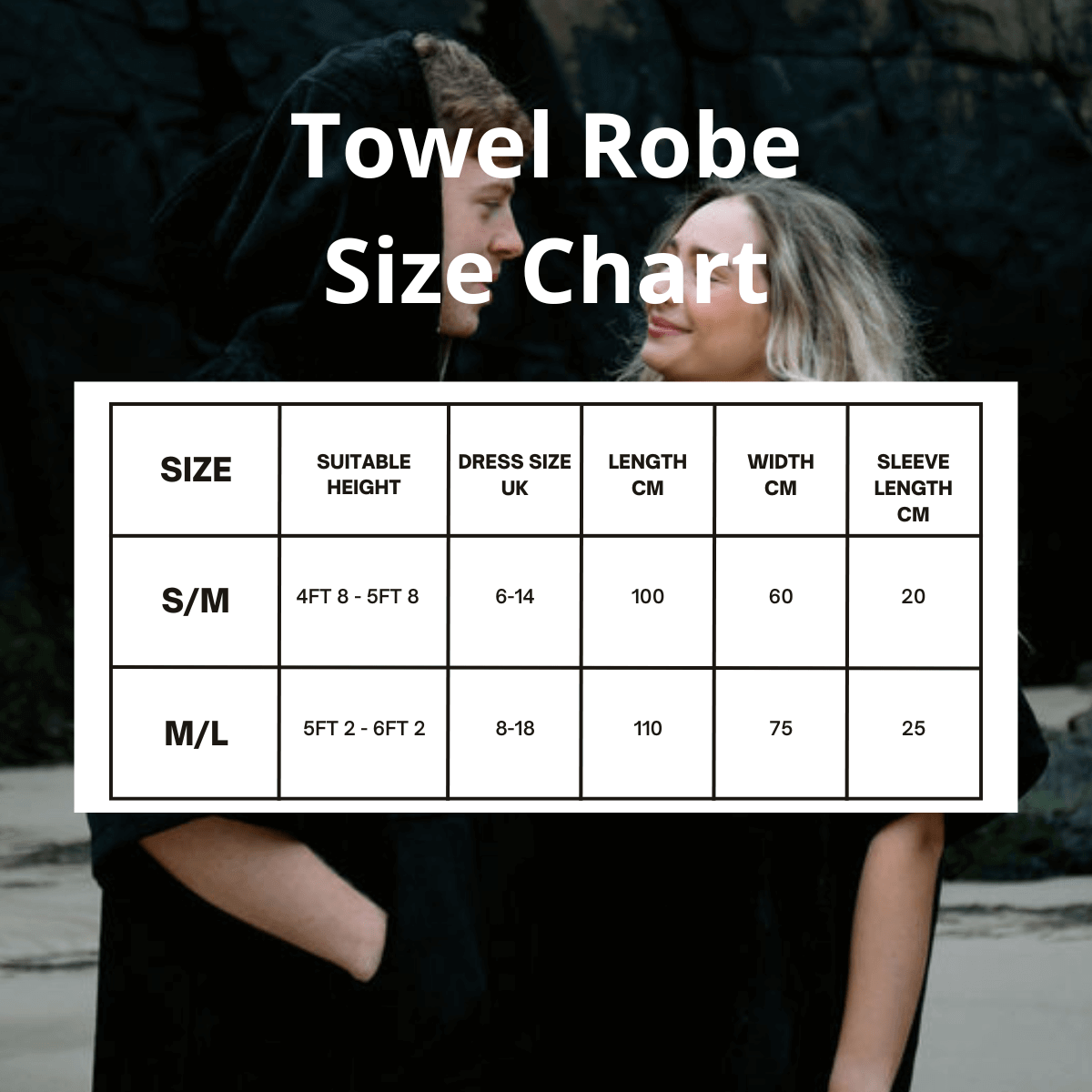Towel Robe Size Chart for The Luxury Towel Robe with suitable heights and dress sizes.