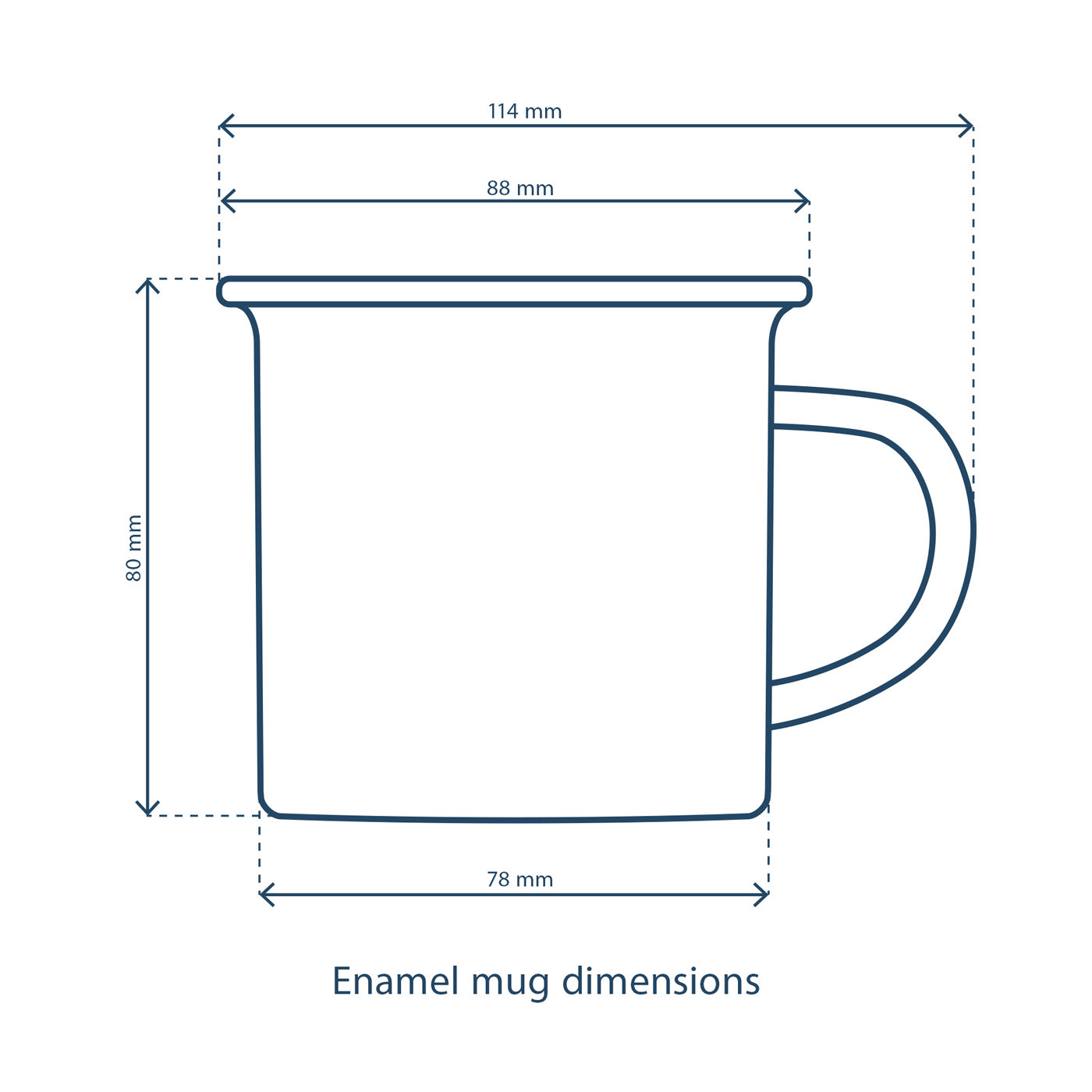 Enamel mug dimensions showing width 114 mm, height 80 mm, and depth 78 mm for Wild Swimming Enamel Mug.