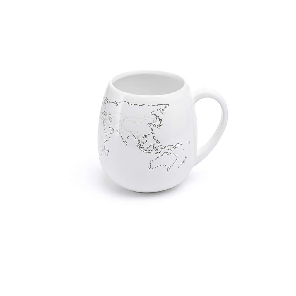 White mug with world map design on a white background