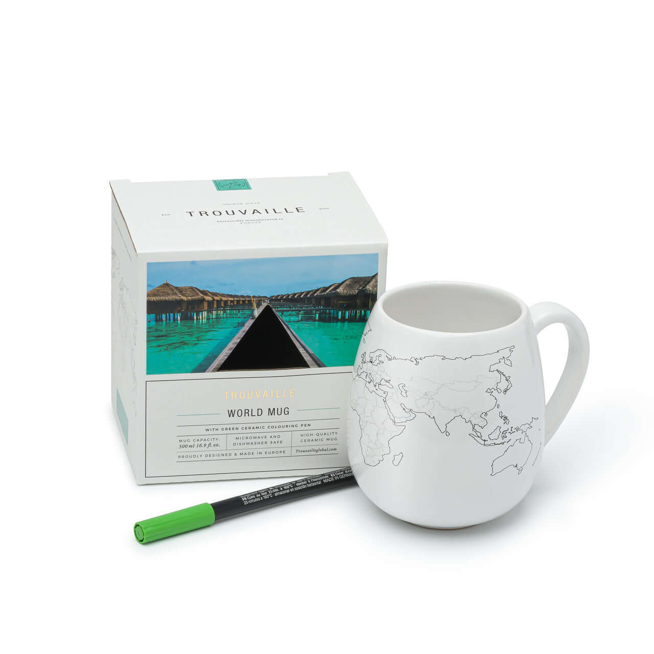 White mug with world map design, marker, and packaging on a white background