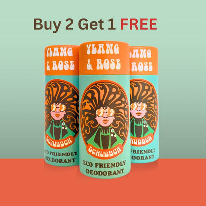 Three Scrubber Ylang and Rose natural deodorant sticks with a Buy 2 Get 1 Free offer