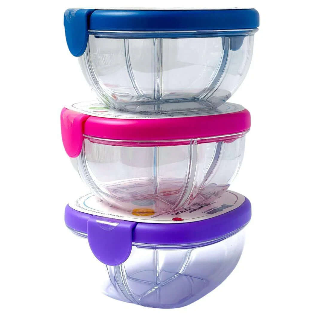 Yumbox Leakproof Snack Bowl - 3 Compartment stacked in blue, pink, and purple with clear containers for snacks.