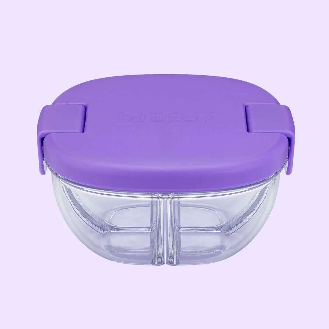 Yumbox Leakproof Snack Bowl - 3 Compartment with purple lid, perfect for snacks on the go.