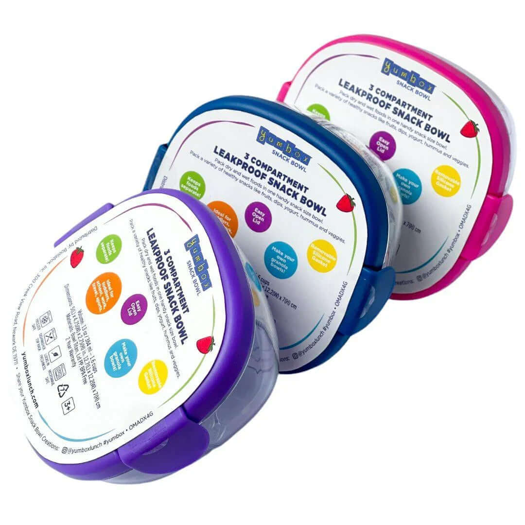 Yumbox Leakproof Snack Bowl - 3 Compartment in blue, purple, and pink, perfect for on-the-go snacks.