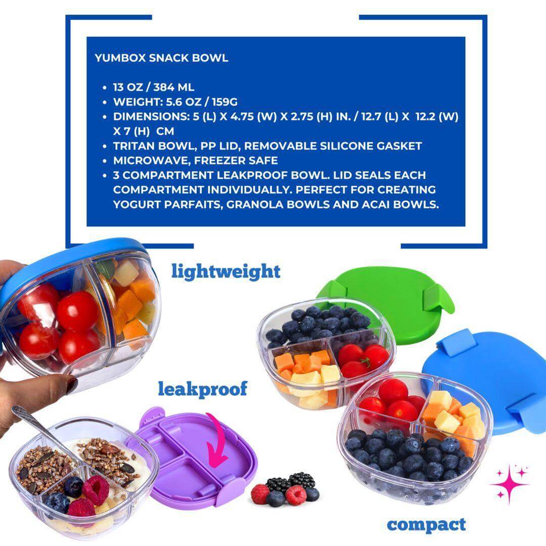Yumbox Leakproof Snack Bowl - 3 Compartment with fruits and yogurt, lightweight and compact design for snacks on the go.