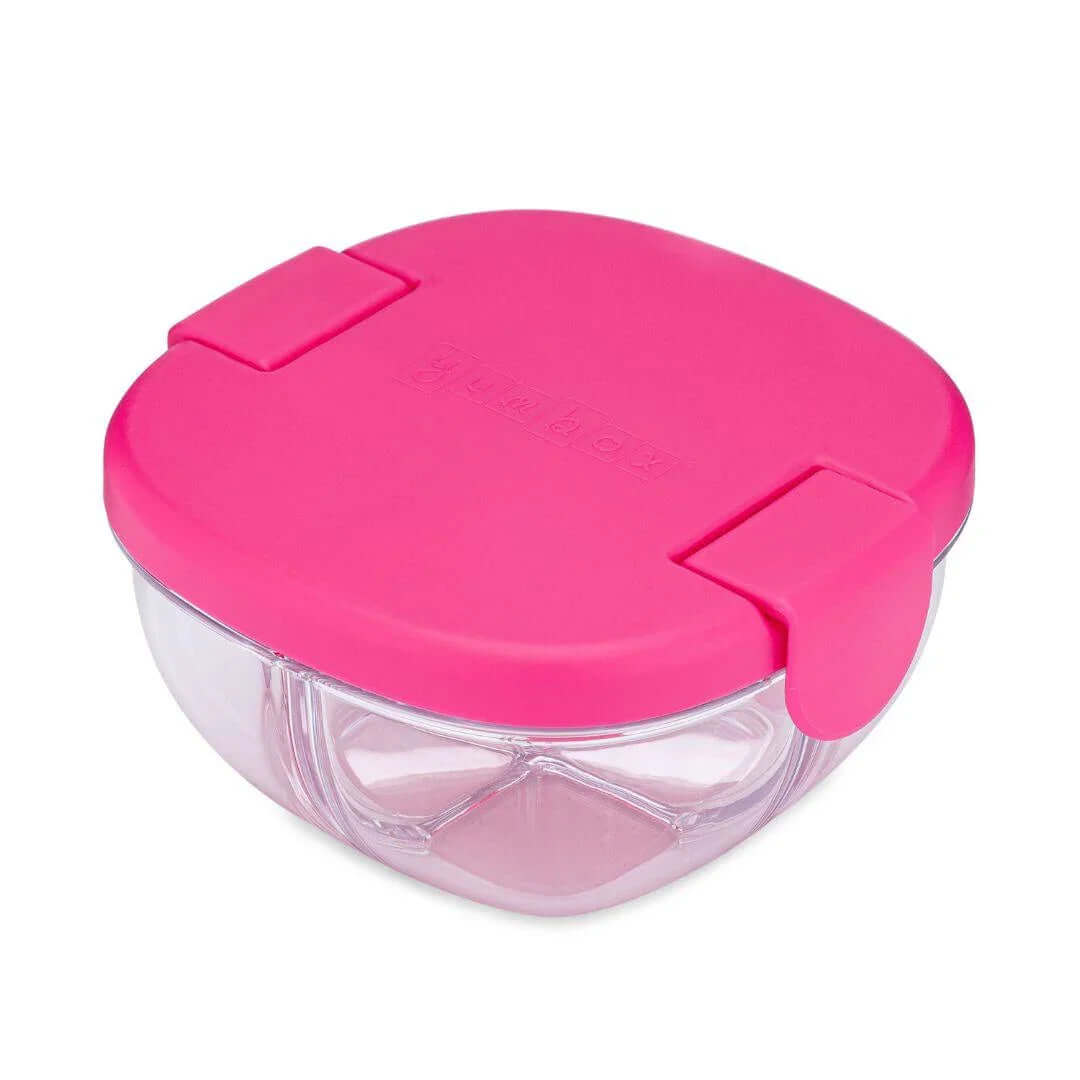 Yumbox Leakproof Snack Bowl - 3 Compartment in pink design for snacks on the go, perfect for busy families and commuters.