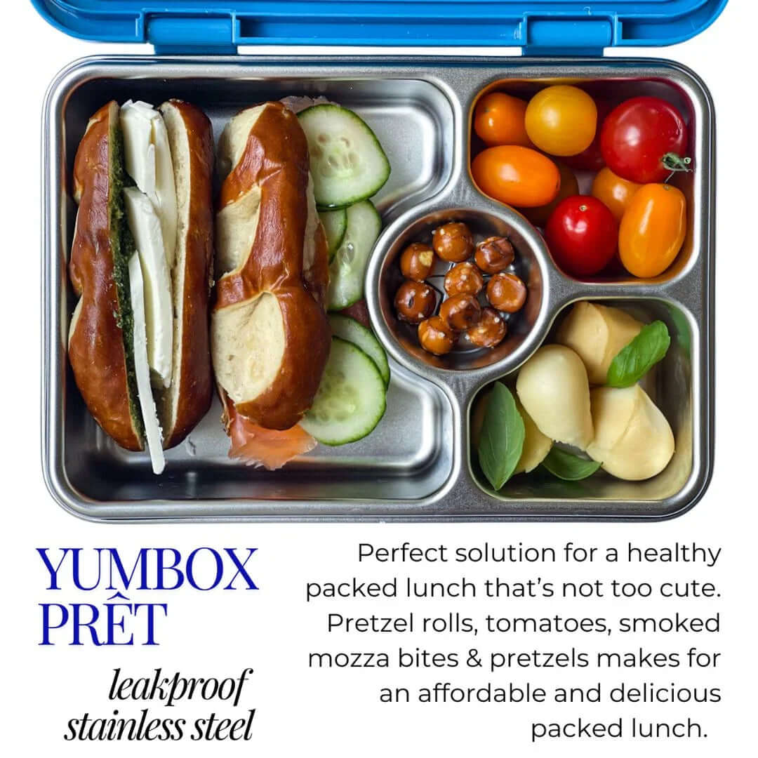 Yumbox Prêt Stainless Steel Leakproof Bento Lunch Box - Various Colours filled with pretzel rolls and fresh vegetables.