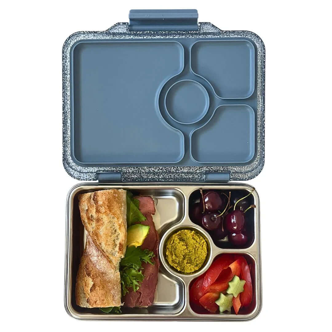 Yumbox Prêt Stainless Steel Leakproof Bento Lunch Box - Various Colours with sandwich, fruits, and vegetables.