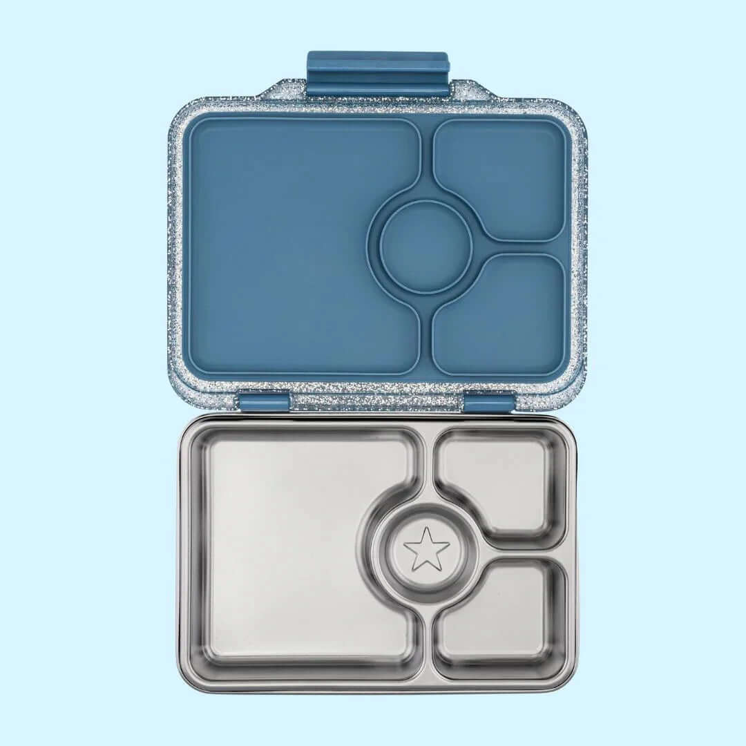 Yumbox Prêt Stainless Steel Leakproof Bento Lunch Box - Various Colours open showing compartments and stainless steel interior.