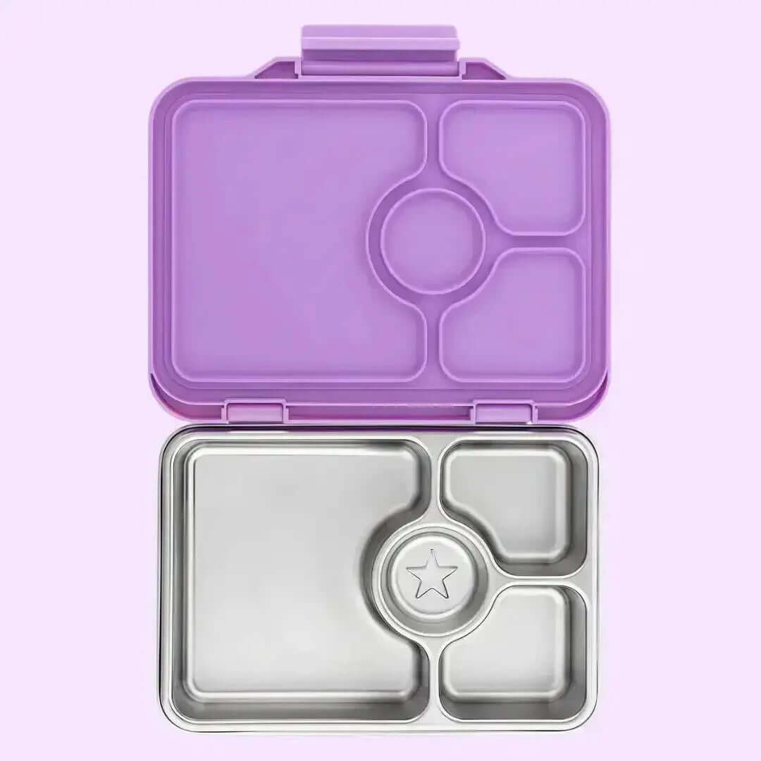 Yumbox Prêt Stainless Steel Leakproof Bento Lunch Box - Various Colours with purple exterior and stainless steel interior.