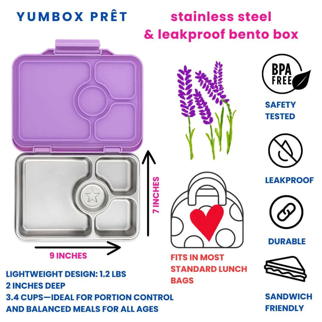 Yumbox Prêt Stainless Steel Leakproof Bento Lunch Box - Various Colours with safety features and dimensions.