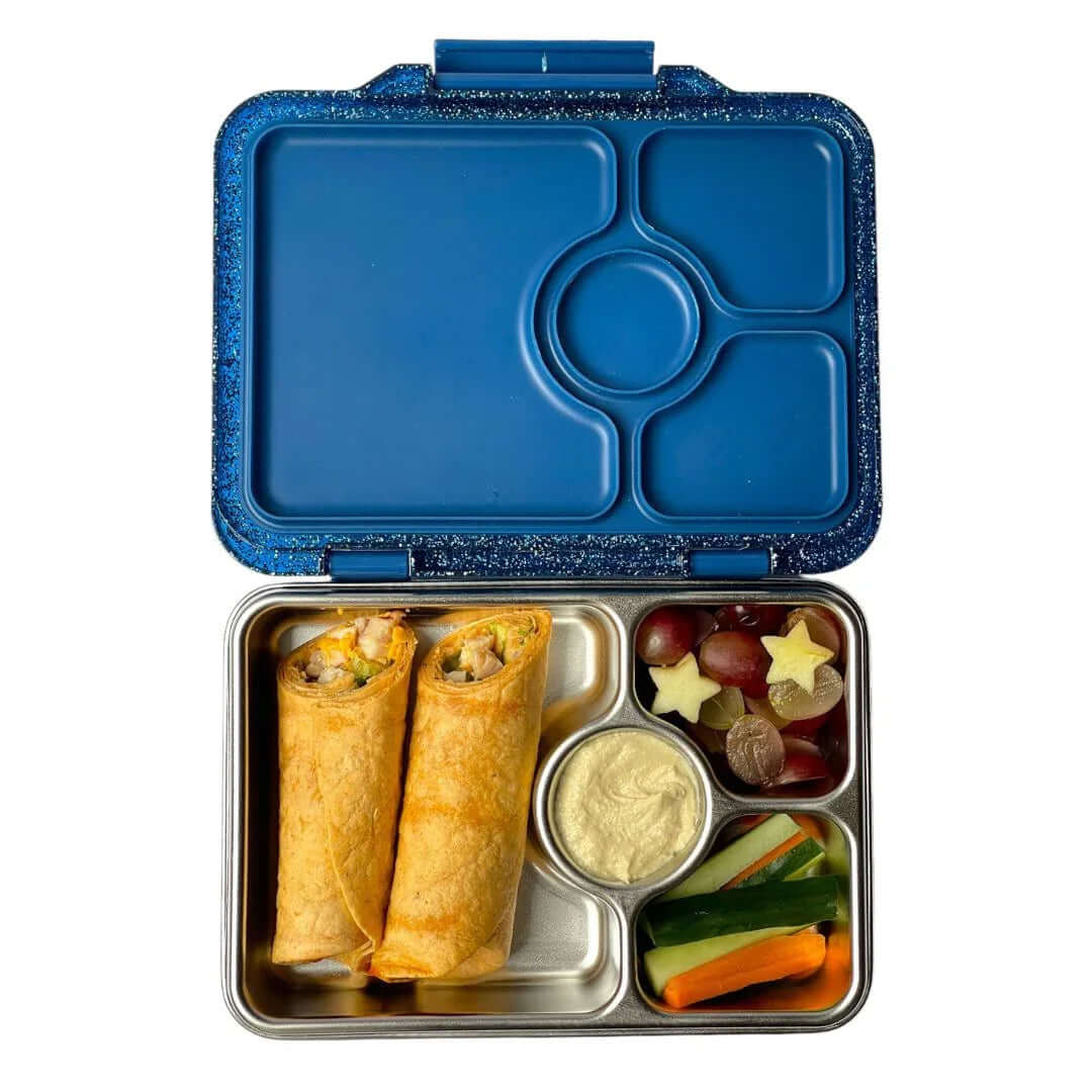Yumbox Prêt Stainless Steel Leakproof Bento Lunch Box - Various Colours filled with wraps, grapes, veggies, and dip.