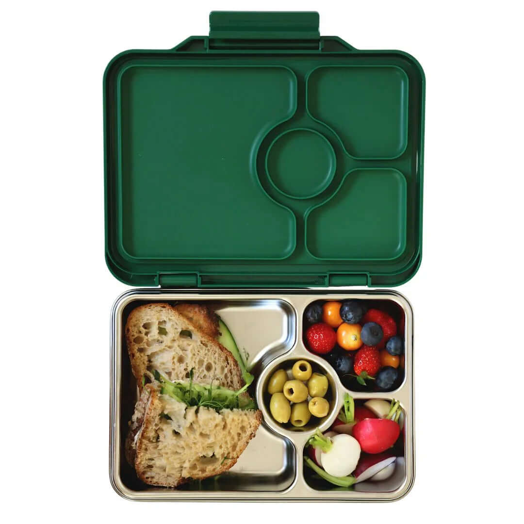Yumbox Prêt Stainless Steel Leakproof Bento Lunch Box - Various Colours filled with sandwiches and fruits.