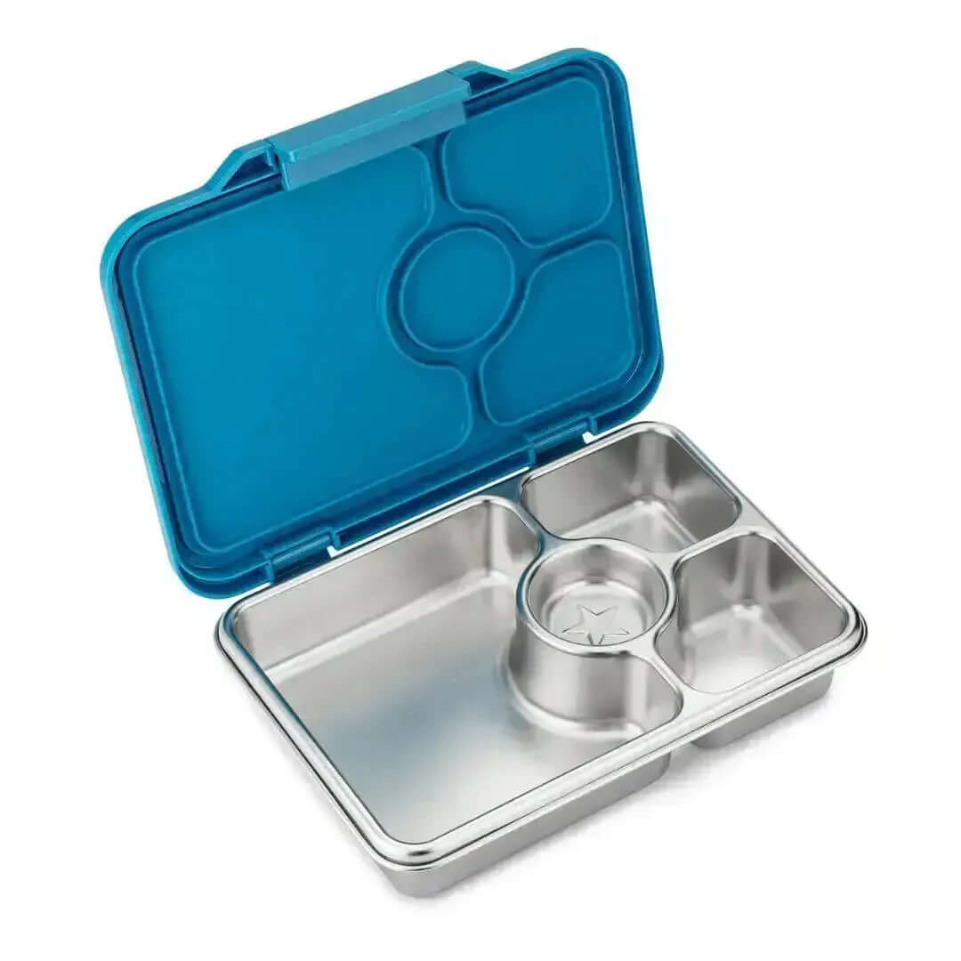 Yumbox Prêt Stainless Steel Leakproof Bento Lunch Box - Various Colours - open bento box with blue lid and stainless steel compartments