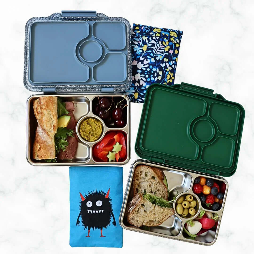 Yumbox Prêt Stainless Steel Leakproof Bento Lunch Box - Various Colours with food and fabric pack.