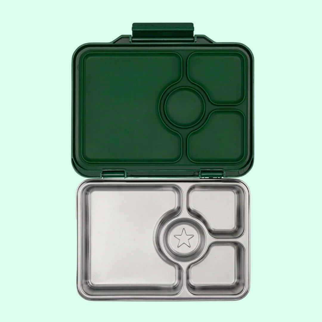 Yumbox Prêt Stainless Steel Leakproof Bento Lunch Box - Various Colours in green with stainless steel interior.