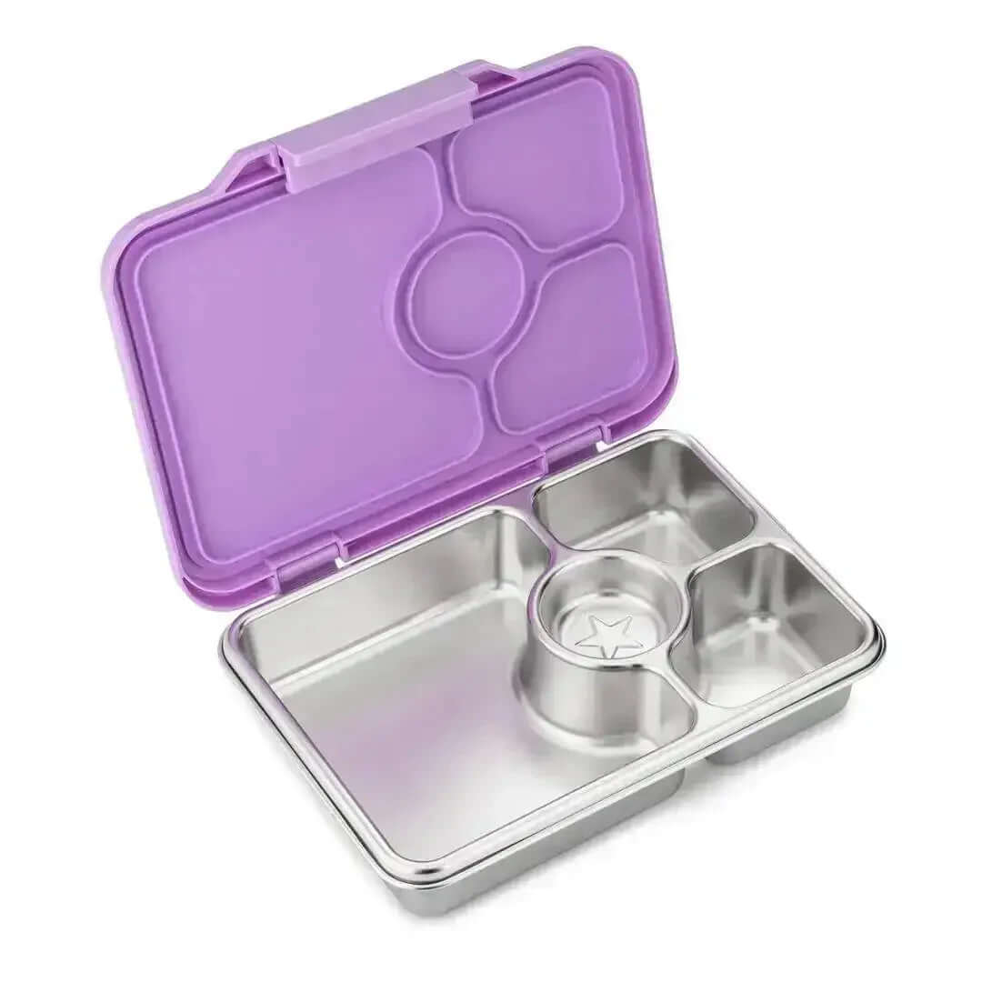 Yumbox Prêt Stainless Steel Leakproof Bento Lunch Box - Various Colours with open purple lid and compartments.