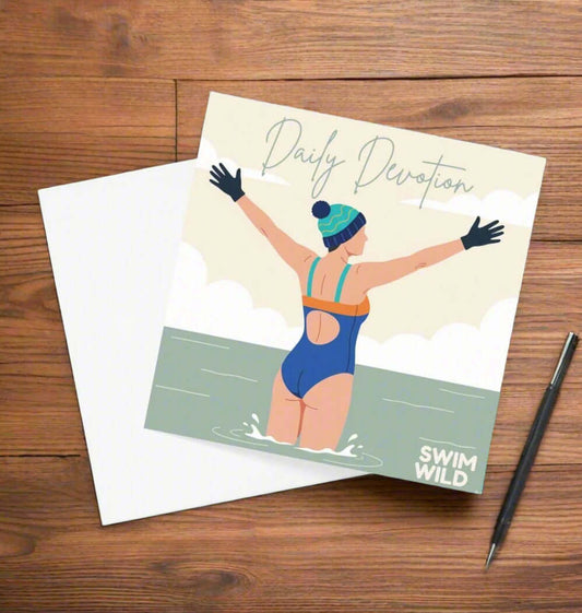 Wild Swimming Birthday Card - Daily Devotion featuring a swimmer celebrating in cold water with arms raised.